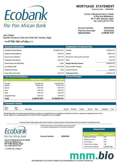 Niger Ecobank wyciąg z kredytu hipotecznego szablon Word i PDF